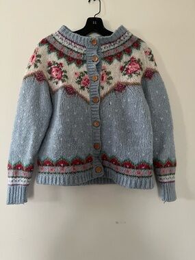 Sundance Floral Fair Isle Knit Button Up Cardigan Medium Blue Wool Cottagecore